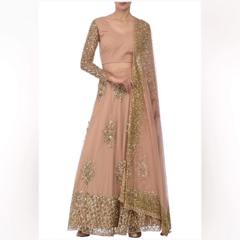 Peach and gold floral sequins embroidered lehenga